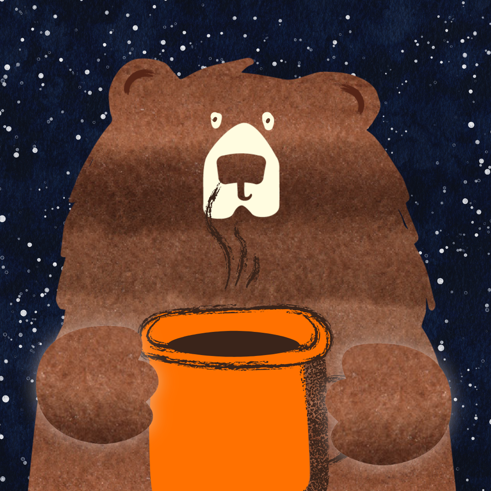 Sweet Freedom Drizzly Bear holding a steaming mug of tasty vegan hot chocolate against a starry night background