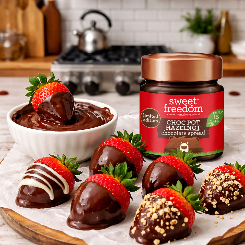 Freshly chocolate-dipped strawberries displayed on a kitchen counter with Sweet Freedom Choc Pot Hazelnot spread, showing the dipping process in a warm kitchen setting.