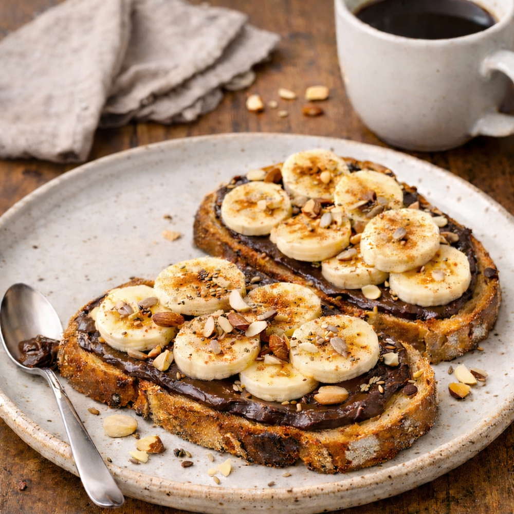 Chocolate banana toast made with wholegrain sourdough, Sweet FreedomChoc Pot Hazelnot chocolate spread, fresh banana slices, cinnamon, and crunchy seeds, a quick, comforting breakfast or snack perfect with coffee