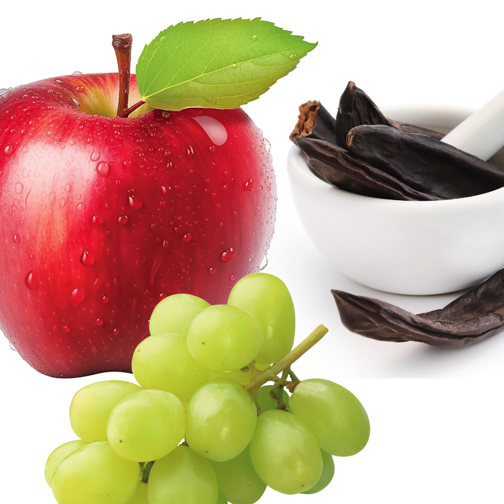 Image of natural fruit sweetener sources - apple, carob and grapes