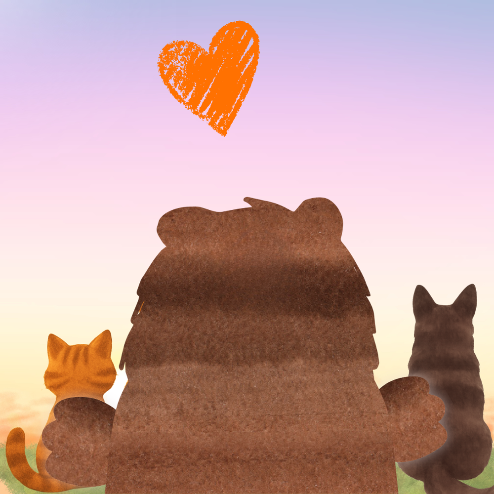 Image shows Sweet Freedom's Drizzly Bear mascot flanked by a cat and dog watching the sunset together with an orange heart over the three of them to signify Palentines Day
