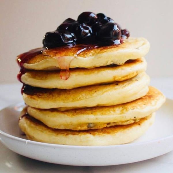 plant powered blueberry pancake stack