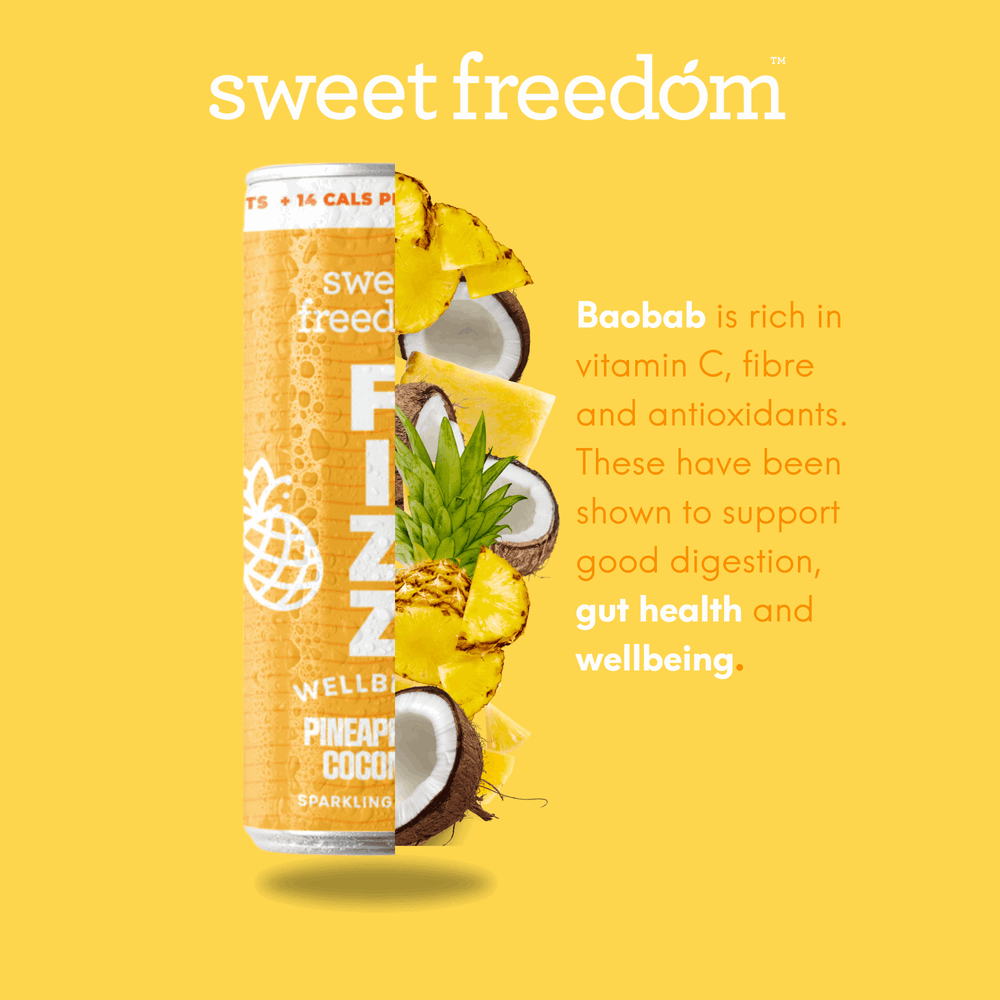 Sweet Freedom FIZZ™ Pineapple & Coconut sparkling water, 12x 250ml cans